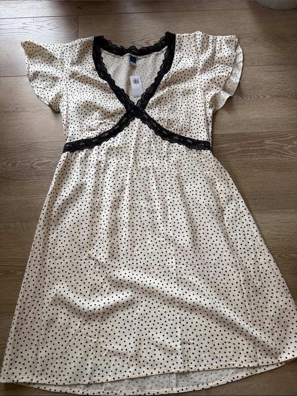 Old Navy Cream Polka Dot Dress with Black Lace Trim
